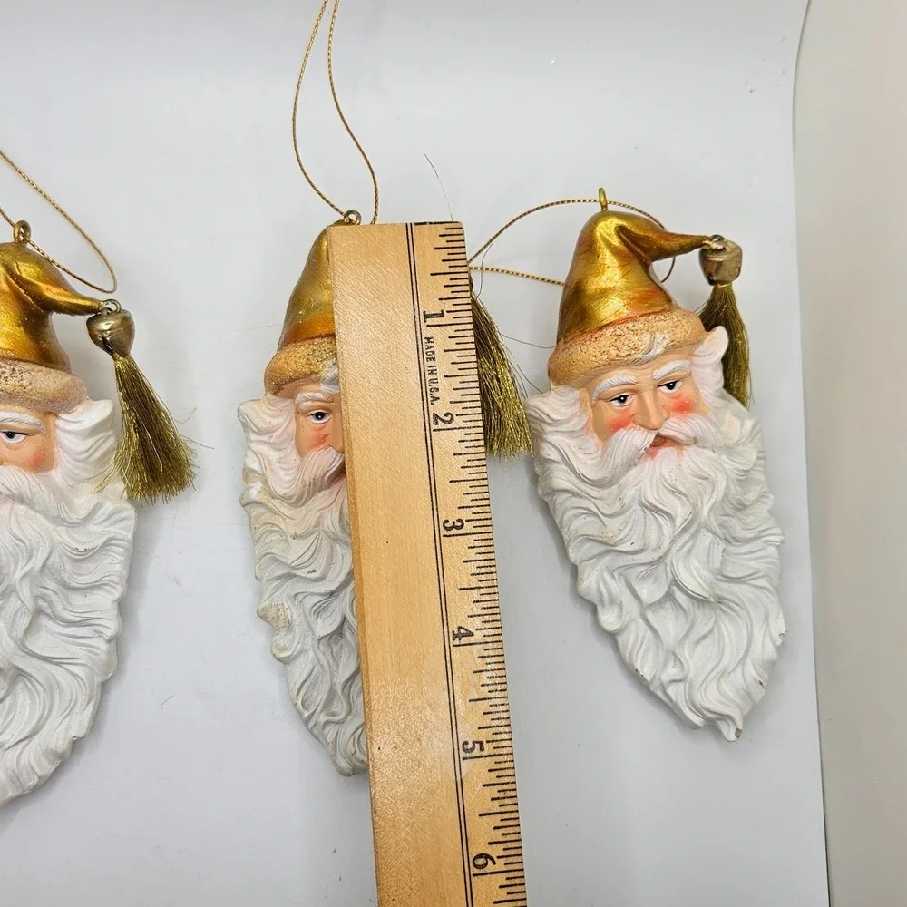 Set of 3 Vintage Santa Face Christmas Ornaments‎ Gold Hat Tassel Holiday Decor